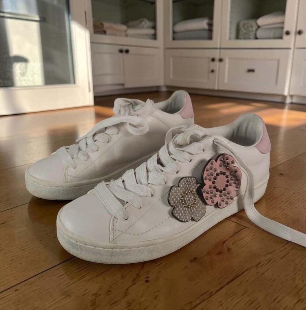 Coach White Leather Sneakers with Studded Flower Appliques Size 9B
